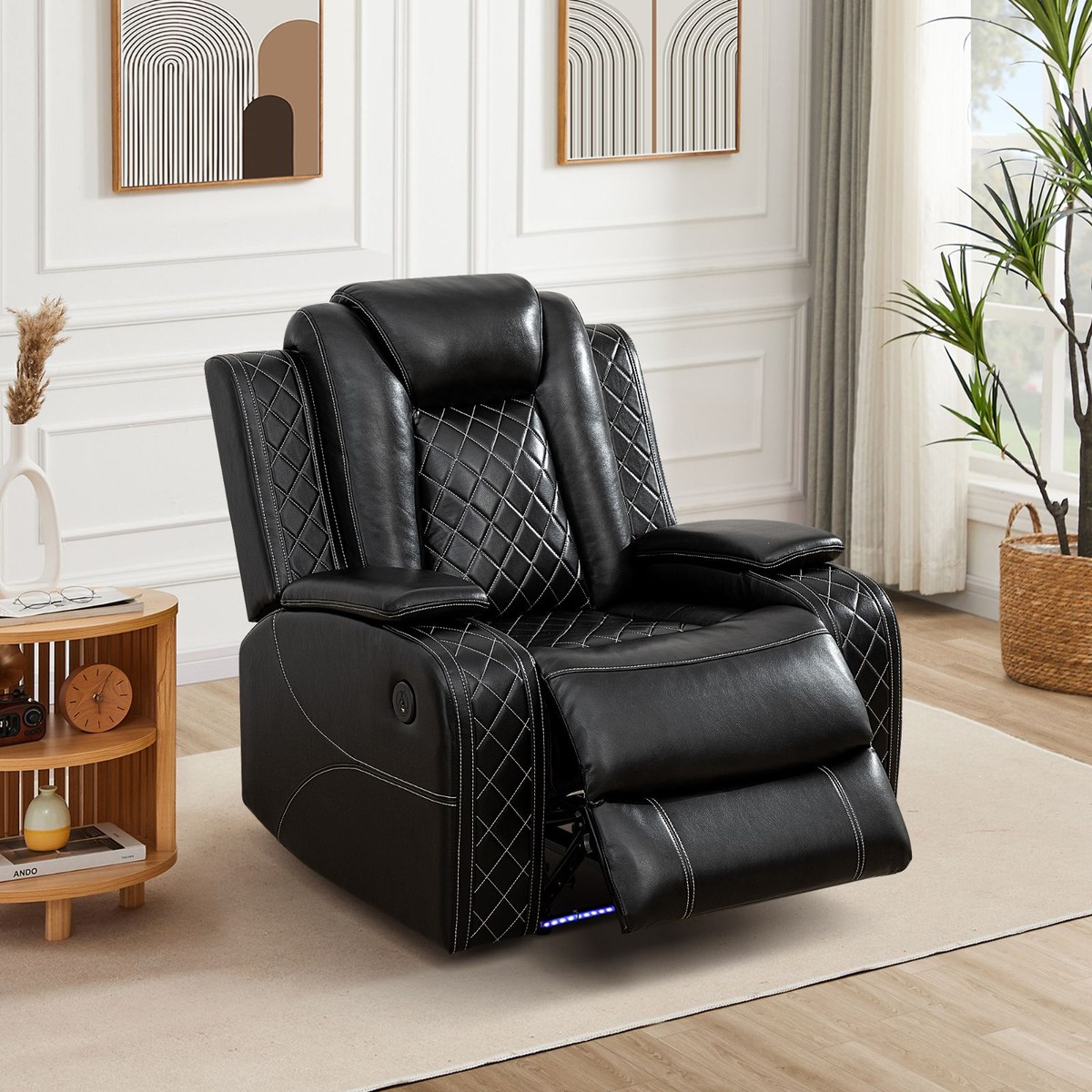 New black power recliner chair with LED base lighting, available as a special order in Fort Wayne, Indiana